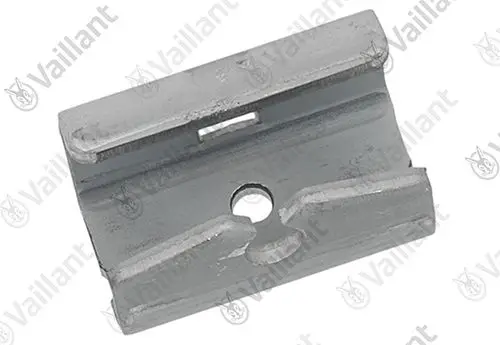Halterung aus Metall, geeignet für Vaillant-Geräte, mit einer zentralen Bohrung und einer Einkerbung auf der Oberseite zur Befestigung.